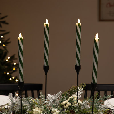 Candy Cane Striped Flickering Tapered Flameless Christmas Candles - 9.5" - Green And White - Set Of 4