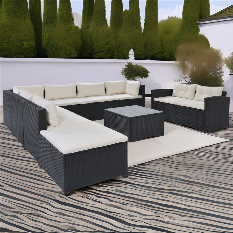 7 - Person Patio Conversation Set with Cushions, Beige, Black