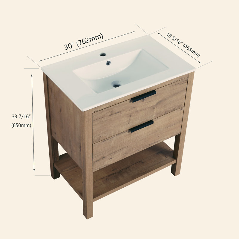 Selda   30.04'' Single Bathroom Vanity with Ceramic Top, Brown, Glossy White, Matte Black