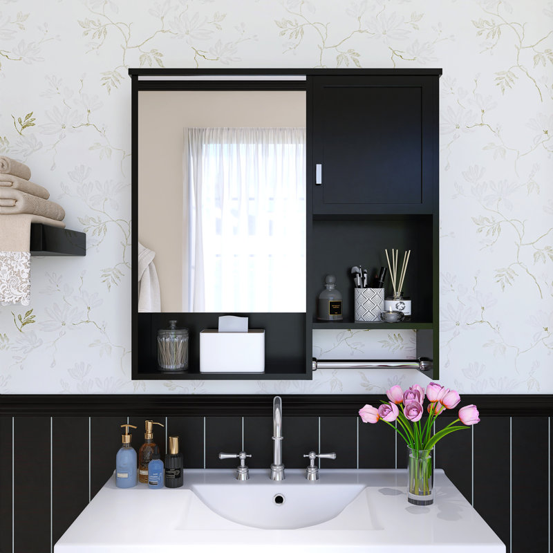 29,52 po Armoire à pharmacie avec miroir de salle de bain Largeur, armoire de rangement de salle de bain avec miroir, Noir