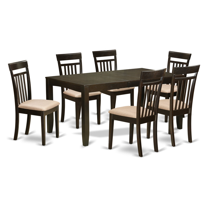 Ensemble de table de salle à manger 7 pièces composé d'une table rectangulaire en bois avec feuille papillon et 6 chaises de cuisine en tissu de lin, 36 x 66 pouces, cappuccino