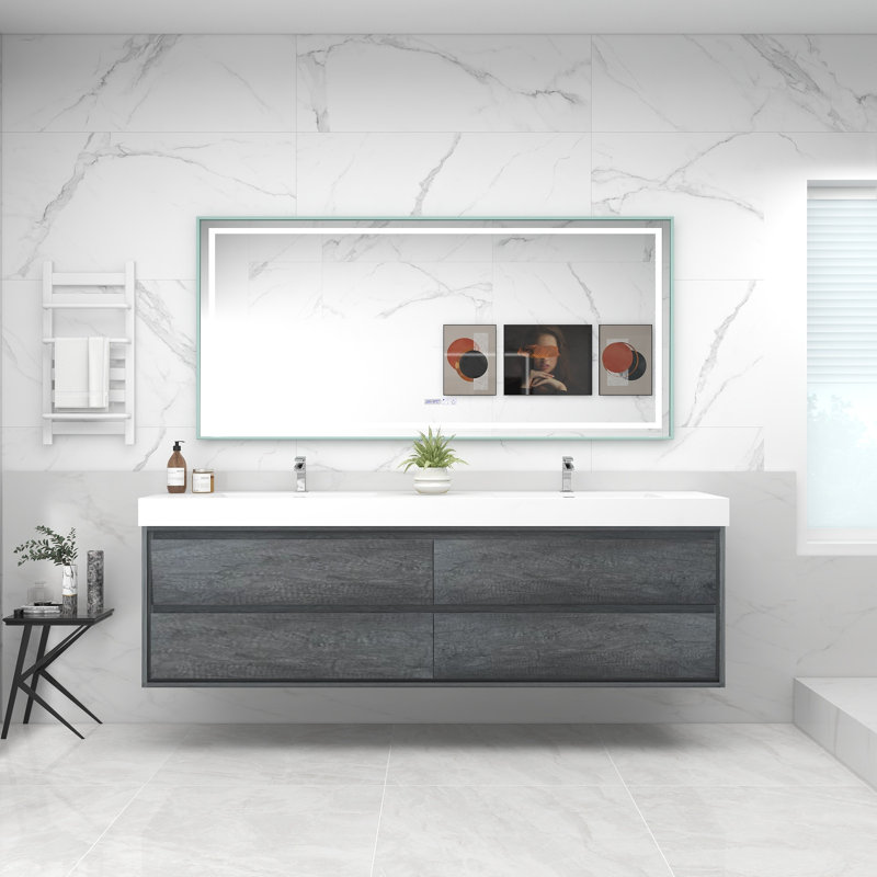 84'' Double Bathroom Vanity with Acrylic Top, Smoke Oak