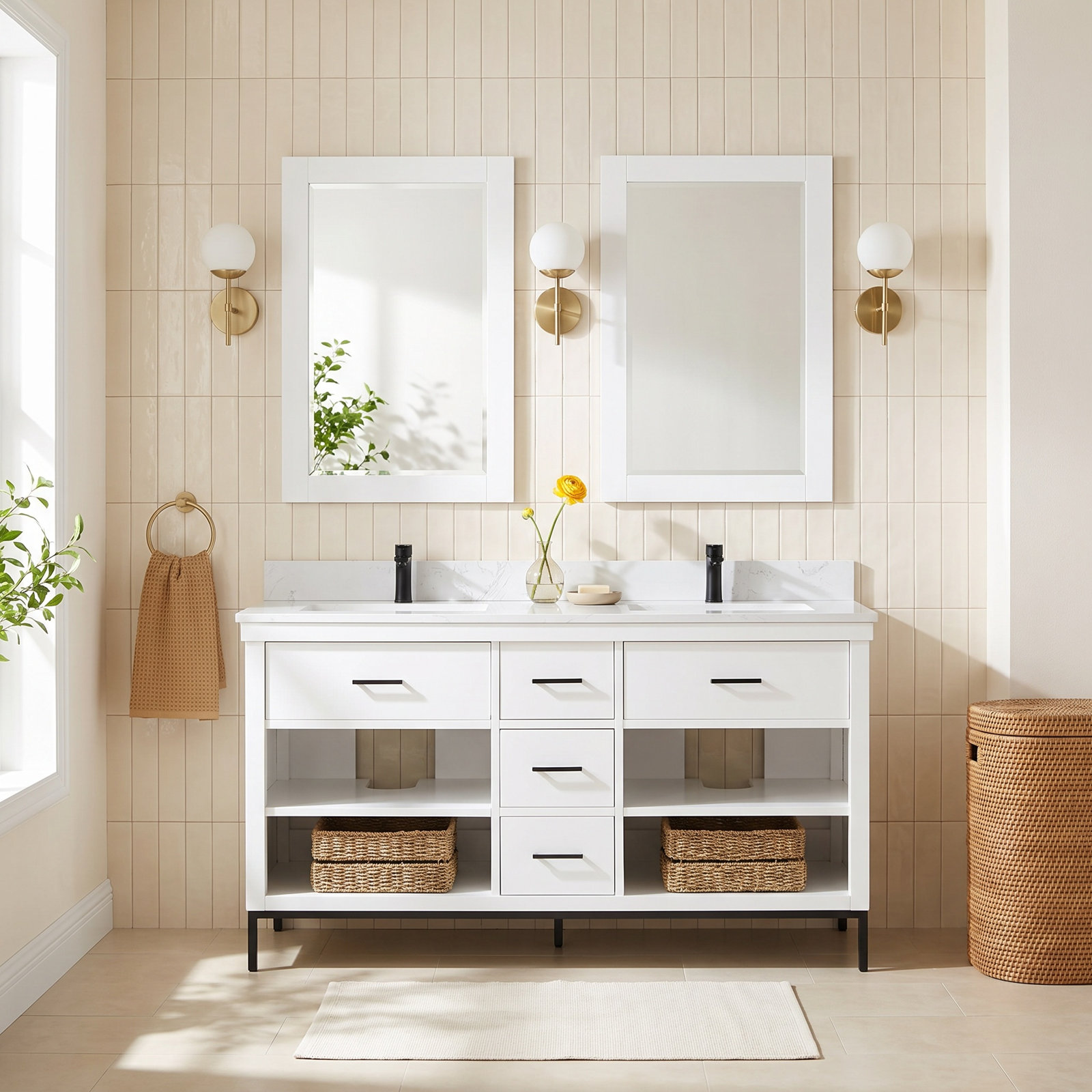 Adaire 60'' Double Bathroom Vanity, Matte Black, White