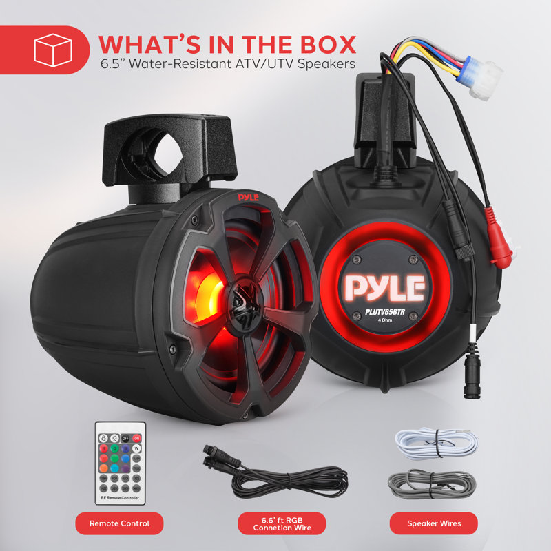 Haut-parleurs Pyle Marine, haut-parleurs de bateau, haut-parleurs étanches, Bluetooth 6,5 po résistant à l'eau, 1200 watts, lumières RVB, télécommande, entrée auxiliaire, supports de fixation universels, VTT, UTV, Jeep, PLUTV65BTR
