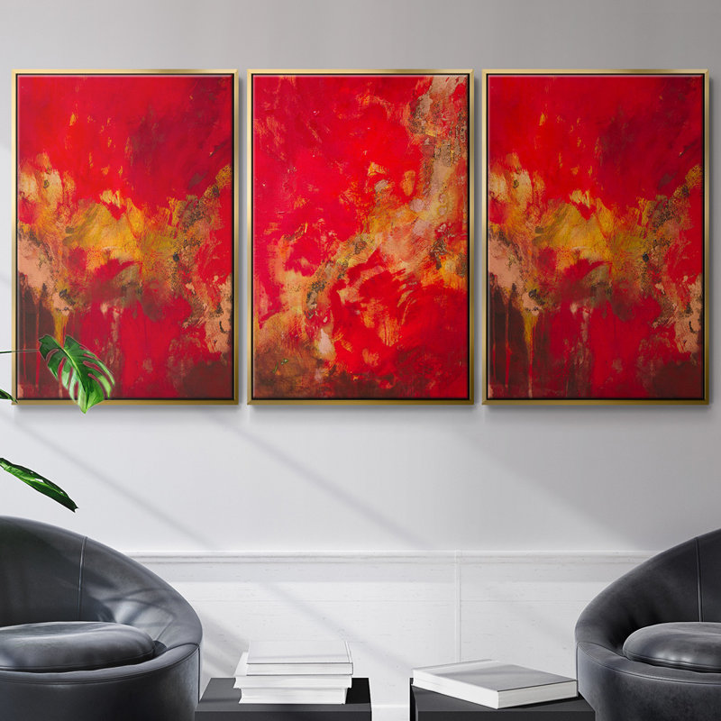 Cuivre et rouge I, ensemble de 3 toiles encadrées sur toile, Or, H 40 po x l 78 po