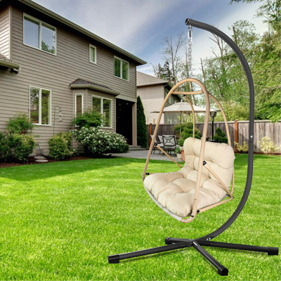 Fauteuil à œufs pivotant avec support intérieur et extérieur en rotin et panier en osier avec support de type C, avec coussin et coussin, fauteuil suspendu pliant en osier de patio (porte-gobelet spécial