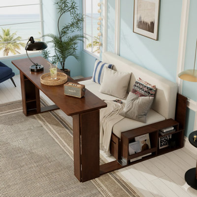 Grand lit de jour avec bureau amovible, tiroirs de rangement et table d'appoint hydraulique, espresso