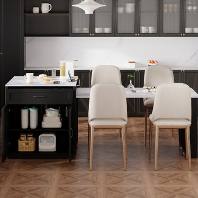 Îlot de cuisine noir moderne avec salle à manger extensible, comptoir en faux marbre, rangement spacieux, 2 roulettes verrouillables, table d'alimentation de 82,7 pouces, marbre, espace de rangement, 1 port de type C, prises de courant alternatif,
