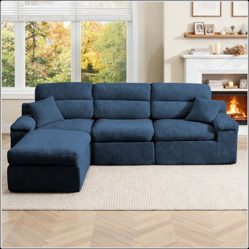 Canapé d'angle à dossier haut avec tissu chenille flammé et éponge haute densité, Chenille bleu foncé