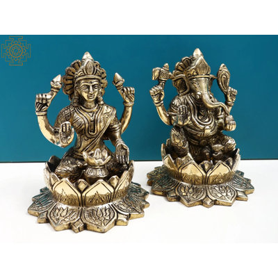 5" Small Brass Lakshmi Ganesha Statue – Handmade Blessing Deities Sitting on Lotus for Spiritual Home Altar & Prosperity Decor