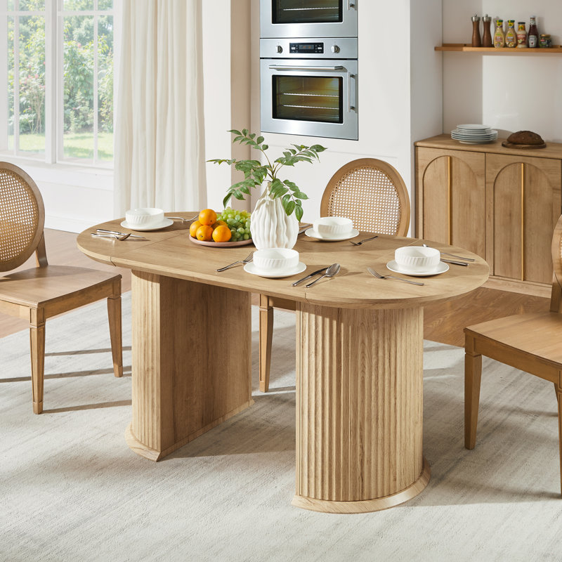 63" Fluted Oval Dining Table Double Pedestal Kitchen Table For 4-6 With Thickened Edge & Semi-Cylindrical Base, Natural Oak