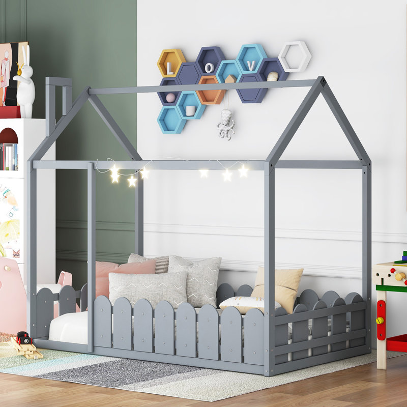 Quinn House Bed with Fence & Wooden Frame, Light Gray, Twin