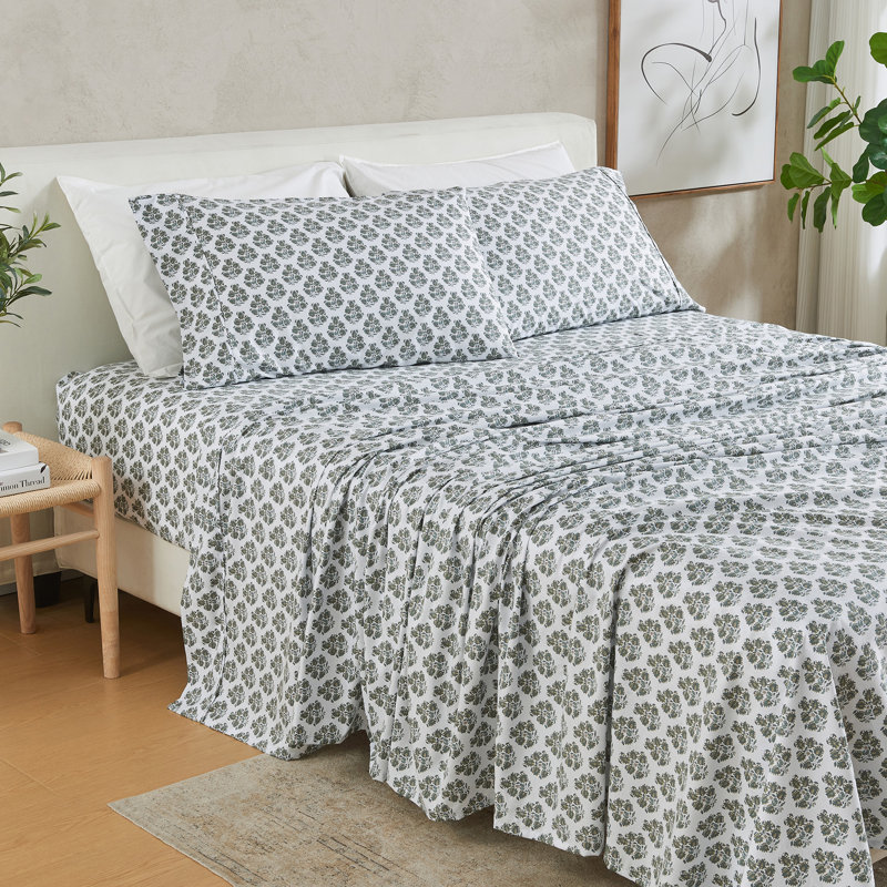Cotton & Rayon from Bamboo Blend Floral Printed Sheet Set, Turquoise Floral