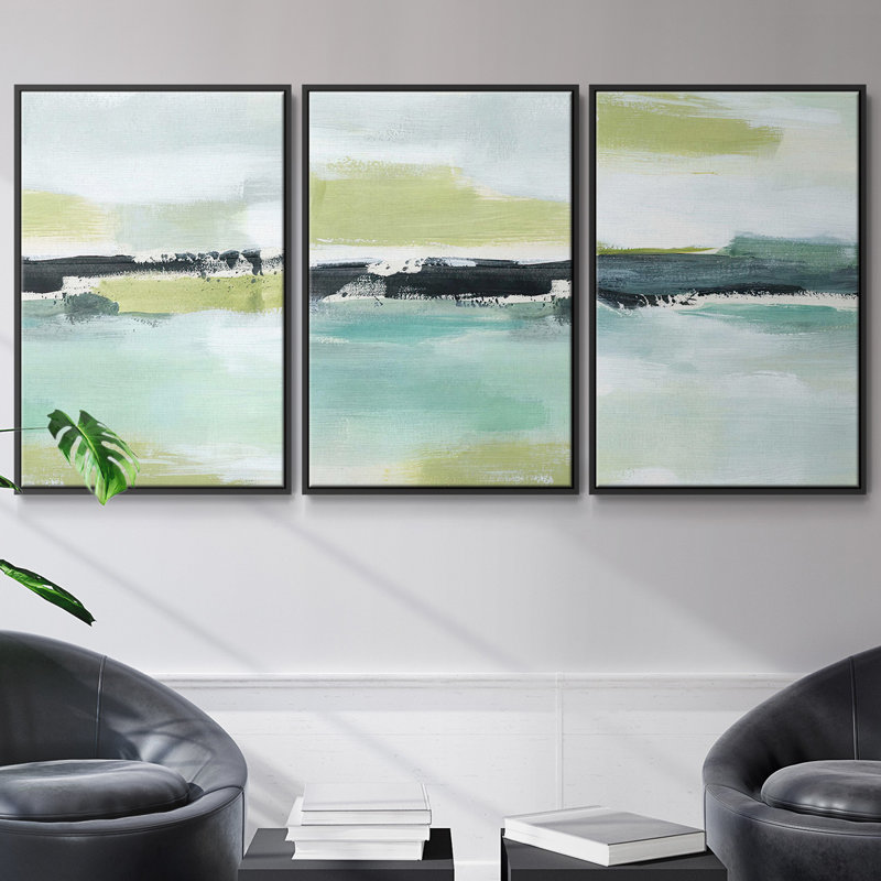 «Sea Green Layers I», ensemble de 3 toiles encadrées, Noir, H 27 po x l 54 po