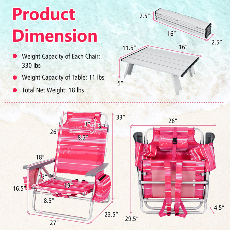  Ensemble de 2 chaises de plage pliantes à dossier repliable rose chaud