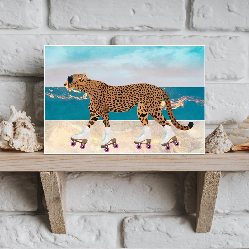 Guépard, patins à roulettes, plage, paysage abstrait rétro, impression d'art mural, H 12 po x l 18 po