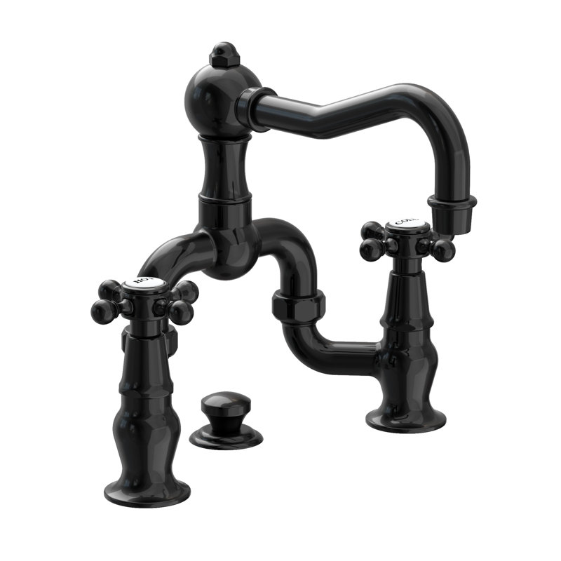 Chesterfield Bathroom Bridge Faucet with Drain Assembly, Gloss Black