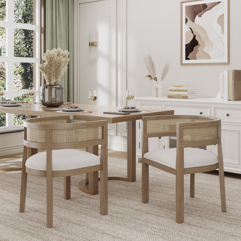 Chassidi Wood And Rattan Upholstered Arm Chairs, Natural Wood/Beige