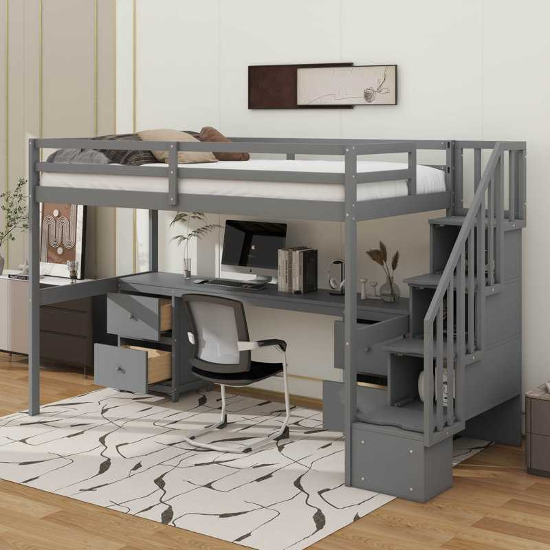 Structure de lit mezzanine simple avec bureau intégré et tiroirs doubles, Grey