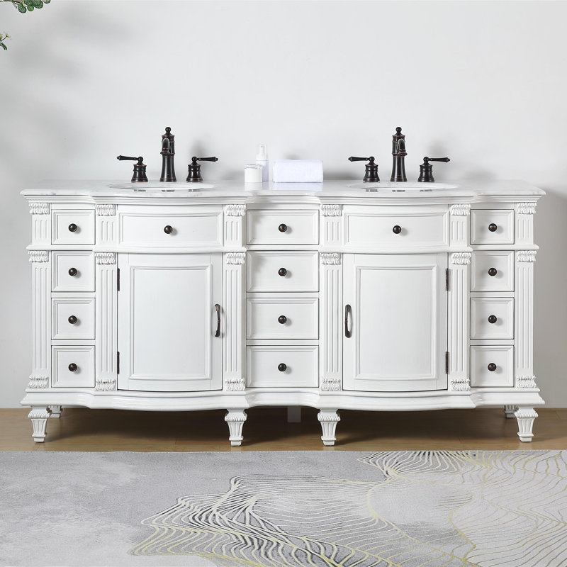 Kehl 72'' Double Bathroom Vanity with Top, White, Carrara White Marble Top