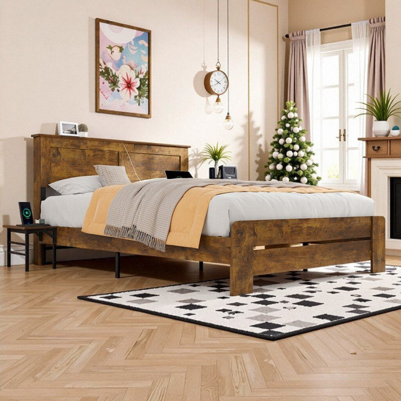Grand grand lit plateforme en métal avec rangement et station de charge, Grand lit