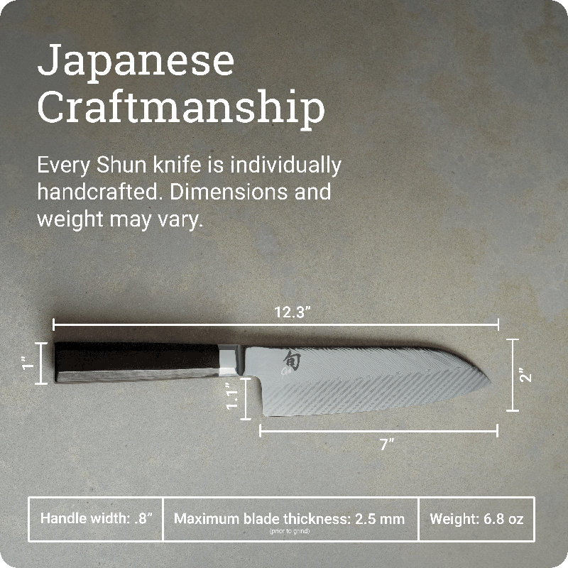 Couteau Santoku à double noyau Shun de 7 po, couteau japonais tout usage fabriqué à la main, lame en acier Damas VG10 et VG2, poignée Pakkawood, outil de coupe japonais polyvalent