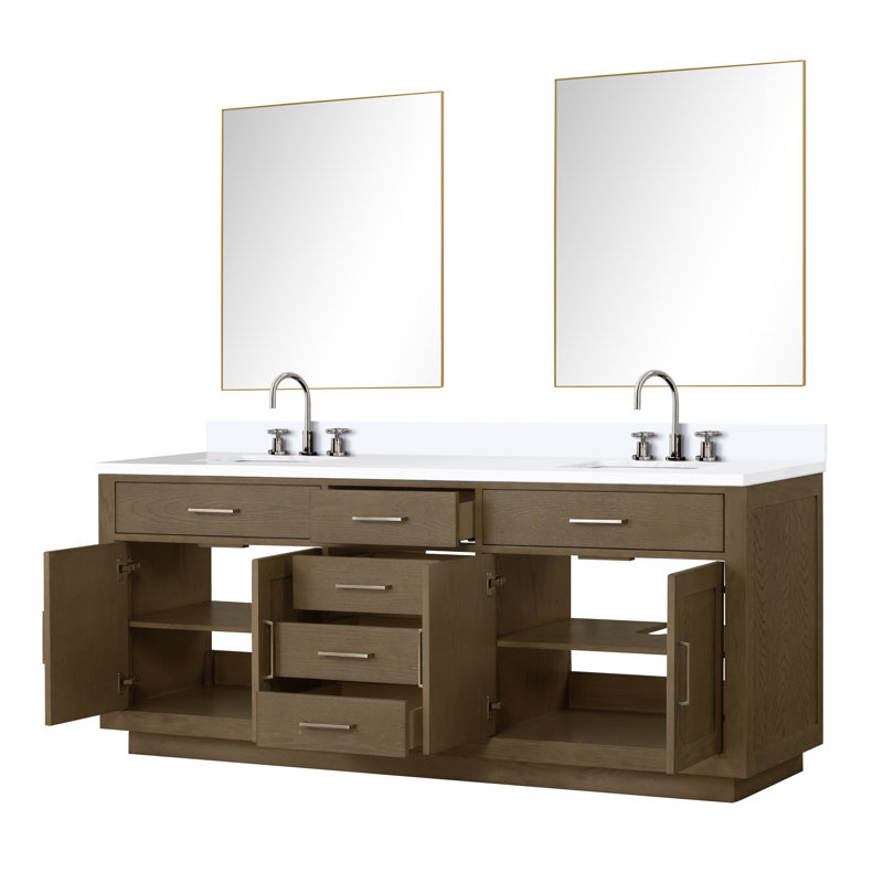 Ensemble de meuble-lavabo double 80 "avec miroir, Chêne noir, Quartz blanc