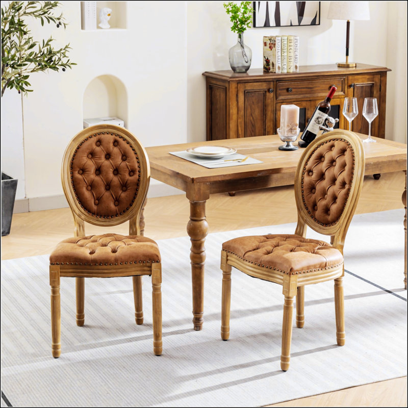 Élégantes chaises de salle à manger de style français avec structure en bois massif, boucle tirée à la main, similicuir et ressorts en acier confort, ensemble de 2