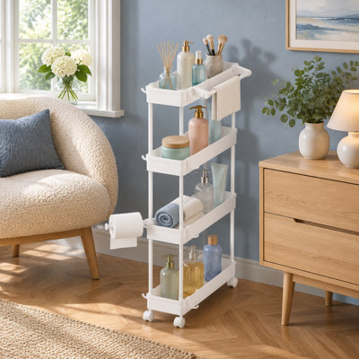 Une barre à serviettes intégrée ajoute une utilité de salle de bain à cette étagère à roulettes étroite à 4 niveaux, mesurant L 15,3 po x l 4,7 po x H 39,3 po, avec rangement pour les cuisines et les salles de lavage