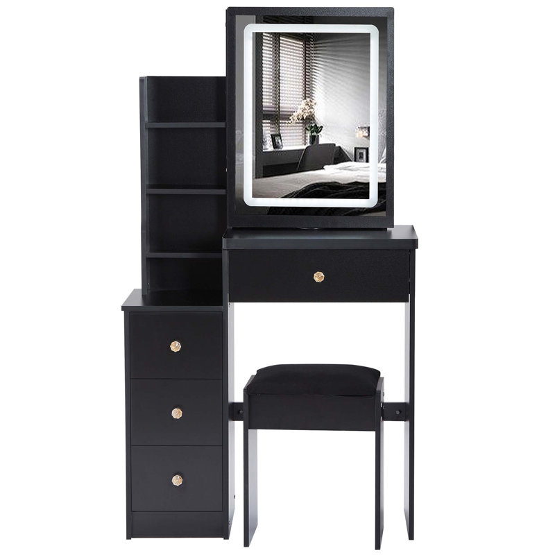 Petit meuble-lavabo de 29,2 po avec tiroir à gauche + tabouret rembourré, 2 blocs d'alimentation CA + 2 ports USB, support pour séchoir à cheveux, très grand miroir à DEL coulissant à contrôle tactile, changement de luminosité tricolore, réglage de la luminosité
