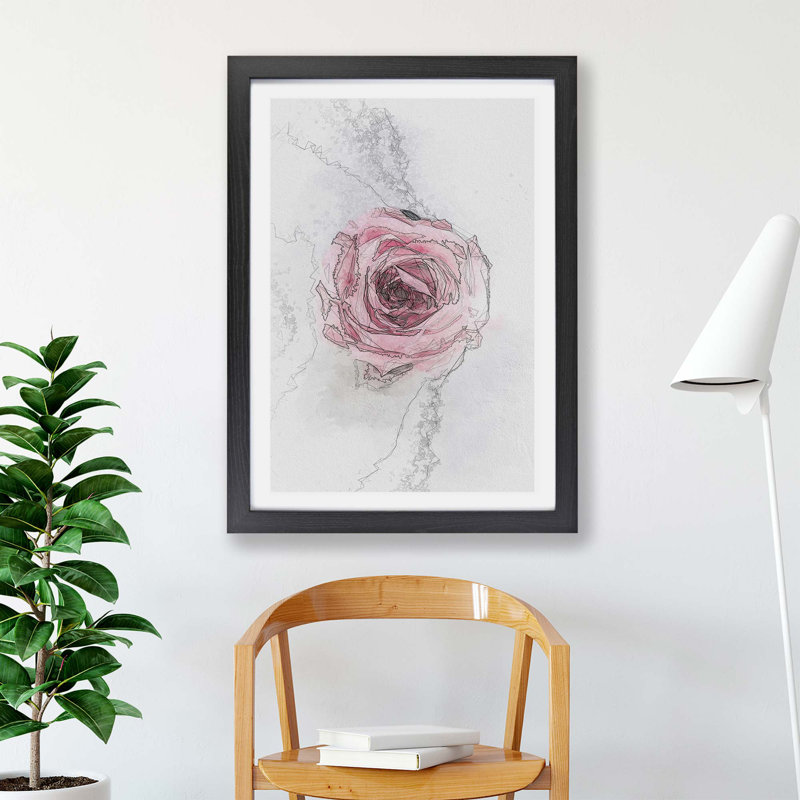 Lone Pink Rose - Single Picture Frame Painting, 62cm H x 87cm W x 2cm D, Black