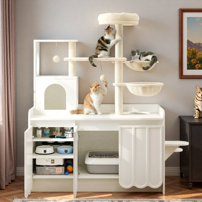 Cat Tree With Litter Box Enclosure, Adjustable Shelves, Dual Hammocks, Side Stairs, Hanging Toys And Sisal Scratching Posts