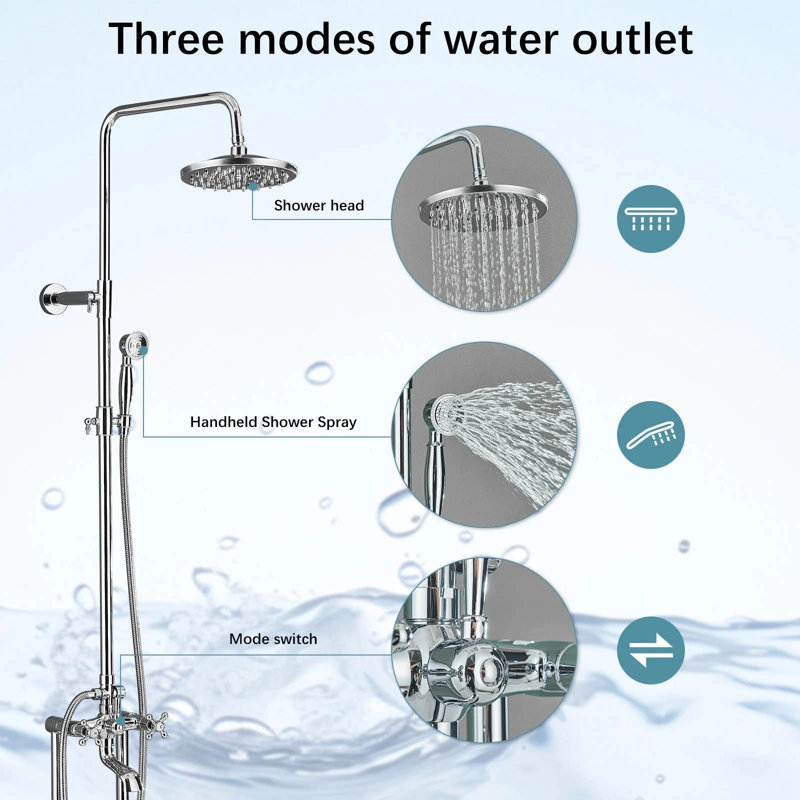 Freestanding Bathtub Faucet Floor Mount Tub Filler with Double Cross Knobs 360° Rotation Spout High Flow Floor Standing Bathtub Shower Bell Shape Shower Head with Handheld Spray