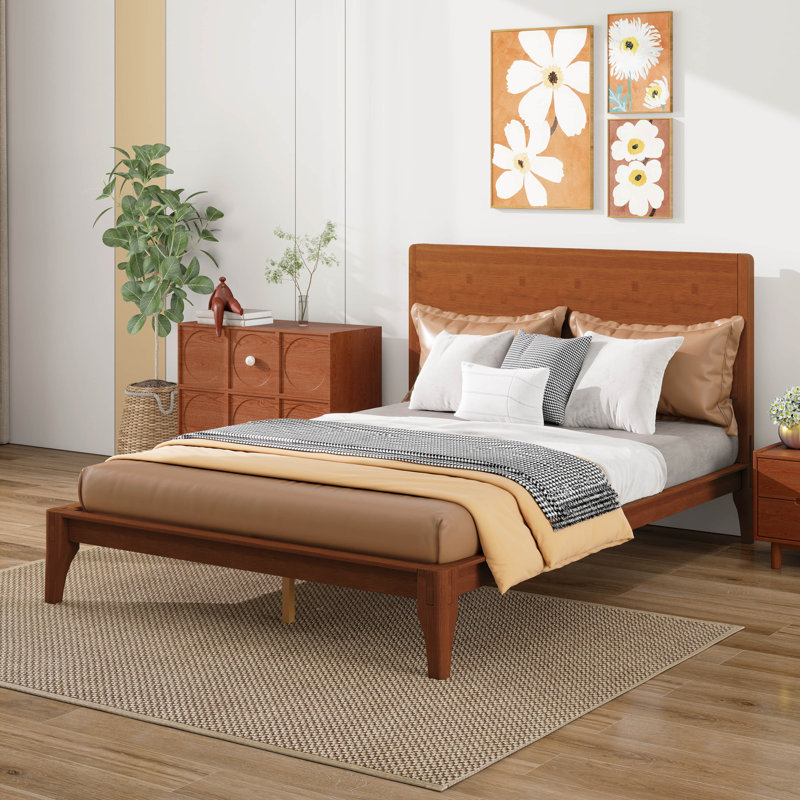 Base de lit, base de lit en bambou avec tête de lit, lit plateforme Mid-Century moderne, 12 lattes en bois massif, Grand 