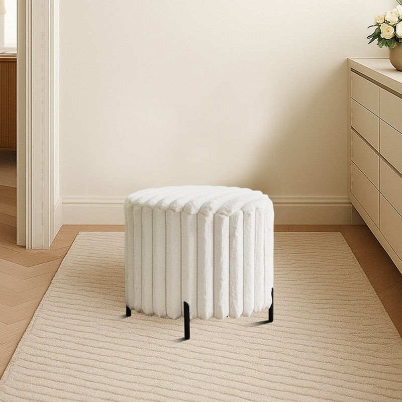 Modern Round Plush round Ottoman upholstered ottoman with Channel Tufting and Metal Legs, Beige Faux Fur