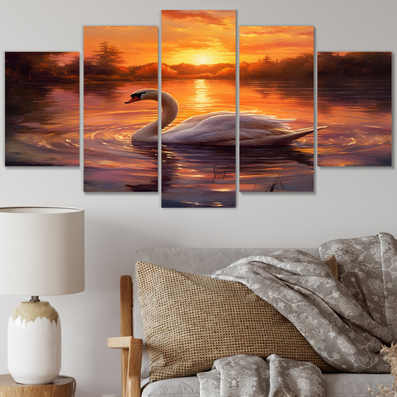 Cygne blanc, coucher de soleil romantique, animaux, art mural sur toile, 5 panneaux