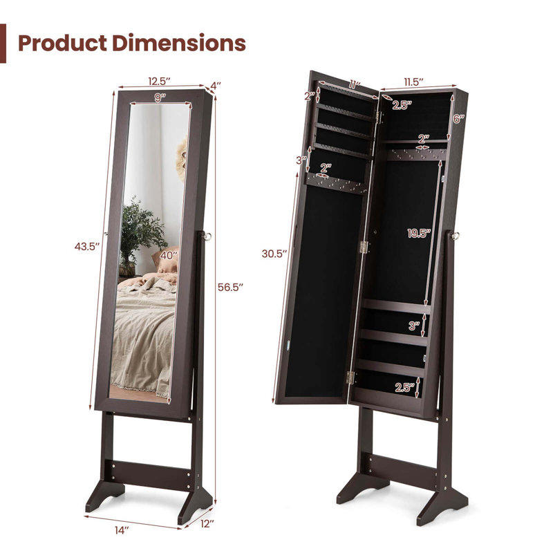  Boîte de rangement pour armoire à bijoux avec miroir, Café
