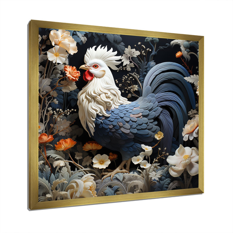 Coq dans un jardin de fleurs II, H 36 po x l 36 po x P 1,5 po, Cadre doré simple