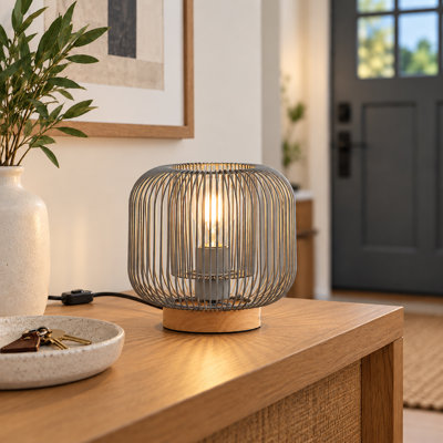 Lampe de table à cage métallique de 19,3 cm (7,6 po) avec 1 lumière réglable et base en bois