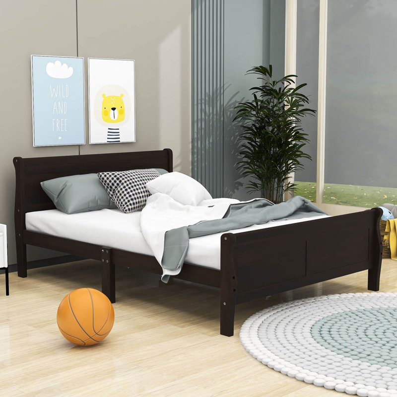 Lit plateforme en bois avec tête de lit, Espresso, Grand