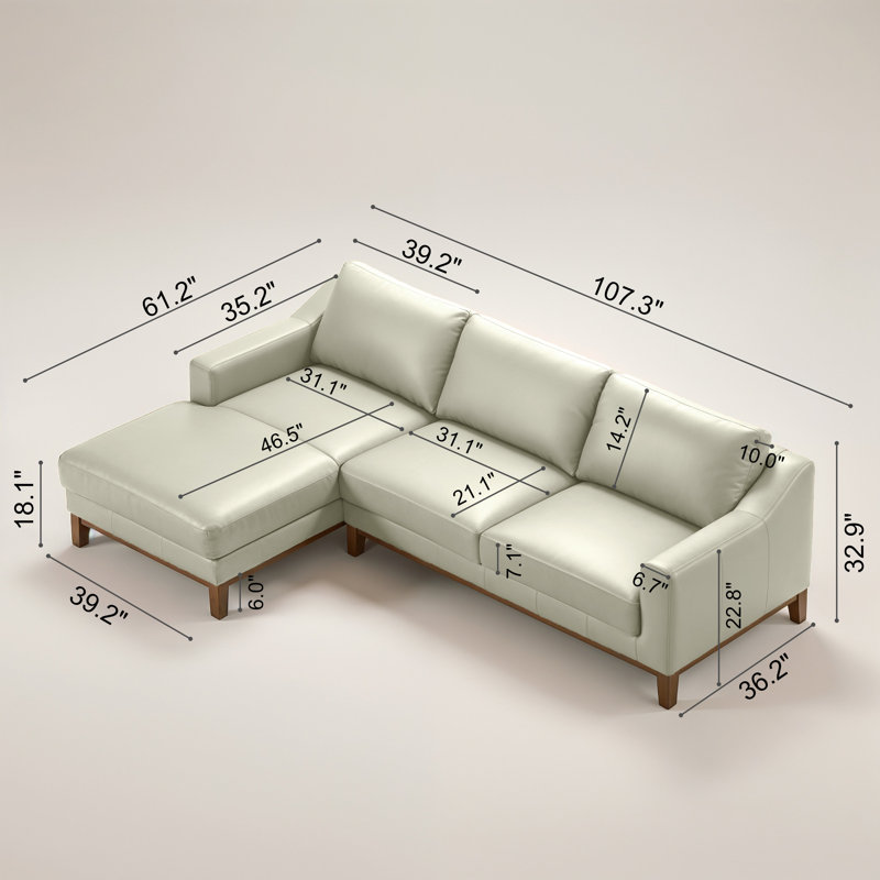 Inniss Mid-Century Genuine Leather 2 Piece Living Room Sofa Set, Left Hand Facing, Light Gray Uruguay