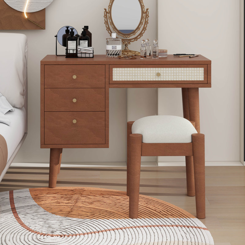 Retro Style Wooden Makeup Vanity Set With Charging Plug & USB Ports And Cushioned Stool, Walnut