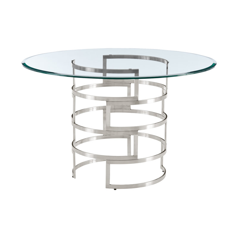 Deatsville Contemporary 48" Round Dining Table with Metal Base and Glass Top, Silver