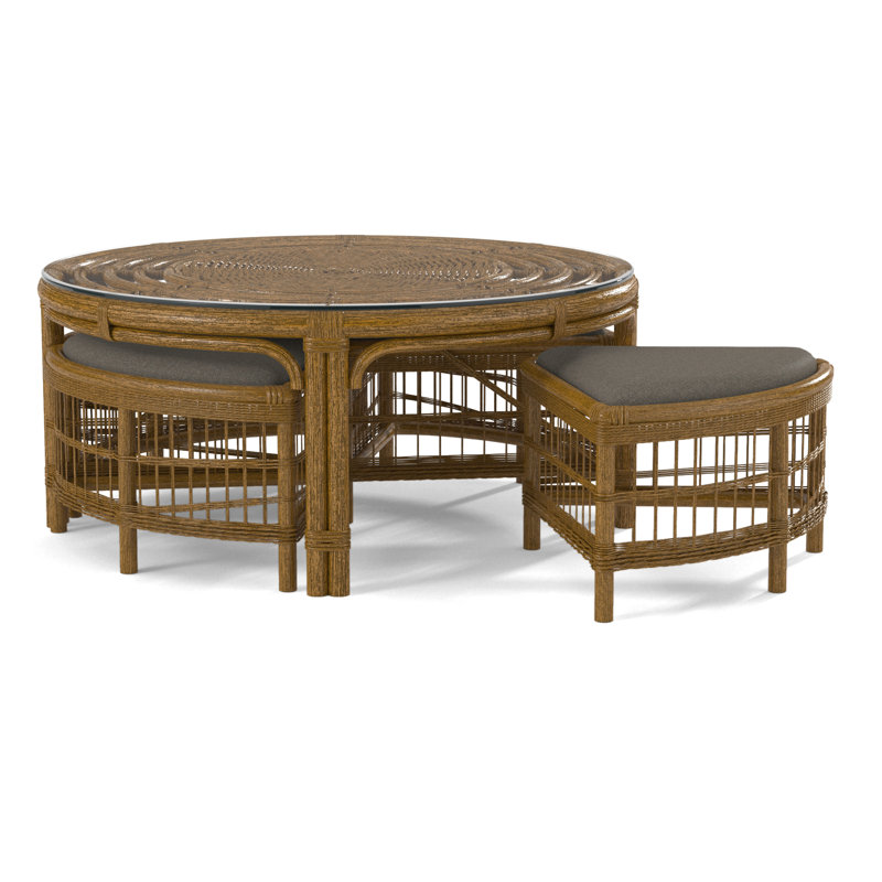 Raffles Rattan Cocktail Table with Benches, Antique Frost White, Gray Sugar Performance; 0863-84