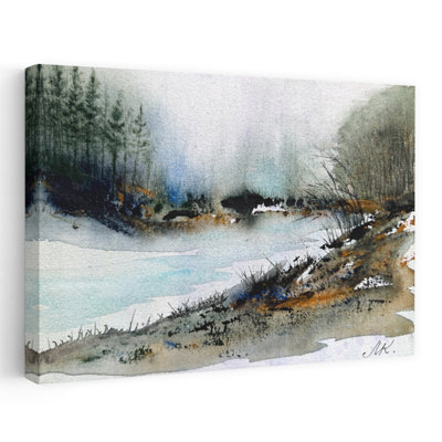 Misty Winter River Peaceful Serene Abstract Forest Landscape Wall Art Print by Marina Kozyr - Wrapped Canvas Print