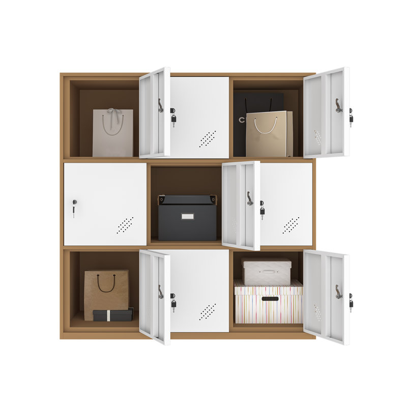 White Metal Locker Cabinet with key Lock 9 Doors, Brown/White