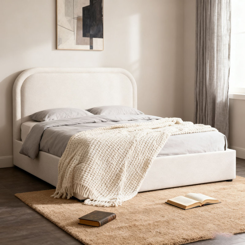 Cadre de lit rond rembourré avec tête de lit en tissu Boucle