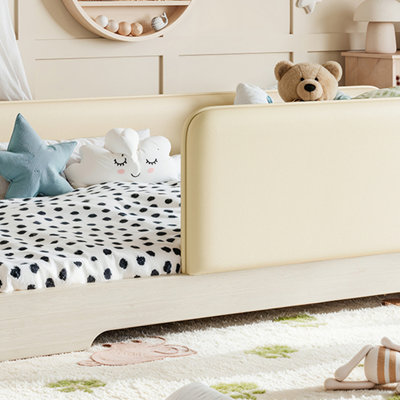 Lit simple tapissier pour enfants, cadre de lit Montessori en cuir avec garde-corps amovibles, lit plateforme à profil bas pour garçons filles