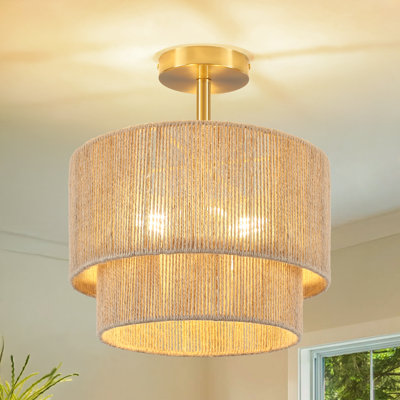 3-light Boho Light Fixtures Ceiling Mount, Rattan Semi Flush Ceiling Light With 2-tier Shade, Rustic Hand-woven Drum Light Fixture For Hallway Kitchen Foyer Farmhouse Bedroom