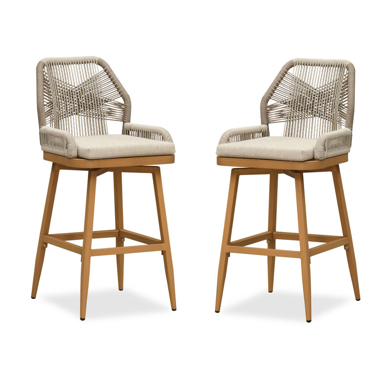 Ensemble de 2 tabourets de bar pivotants pour l'extérieur rotatifs à 360 ° avec dossier et coussin PURPLE LEAF, 27.56", Teak